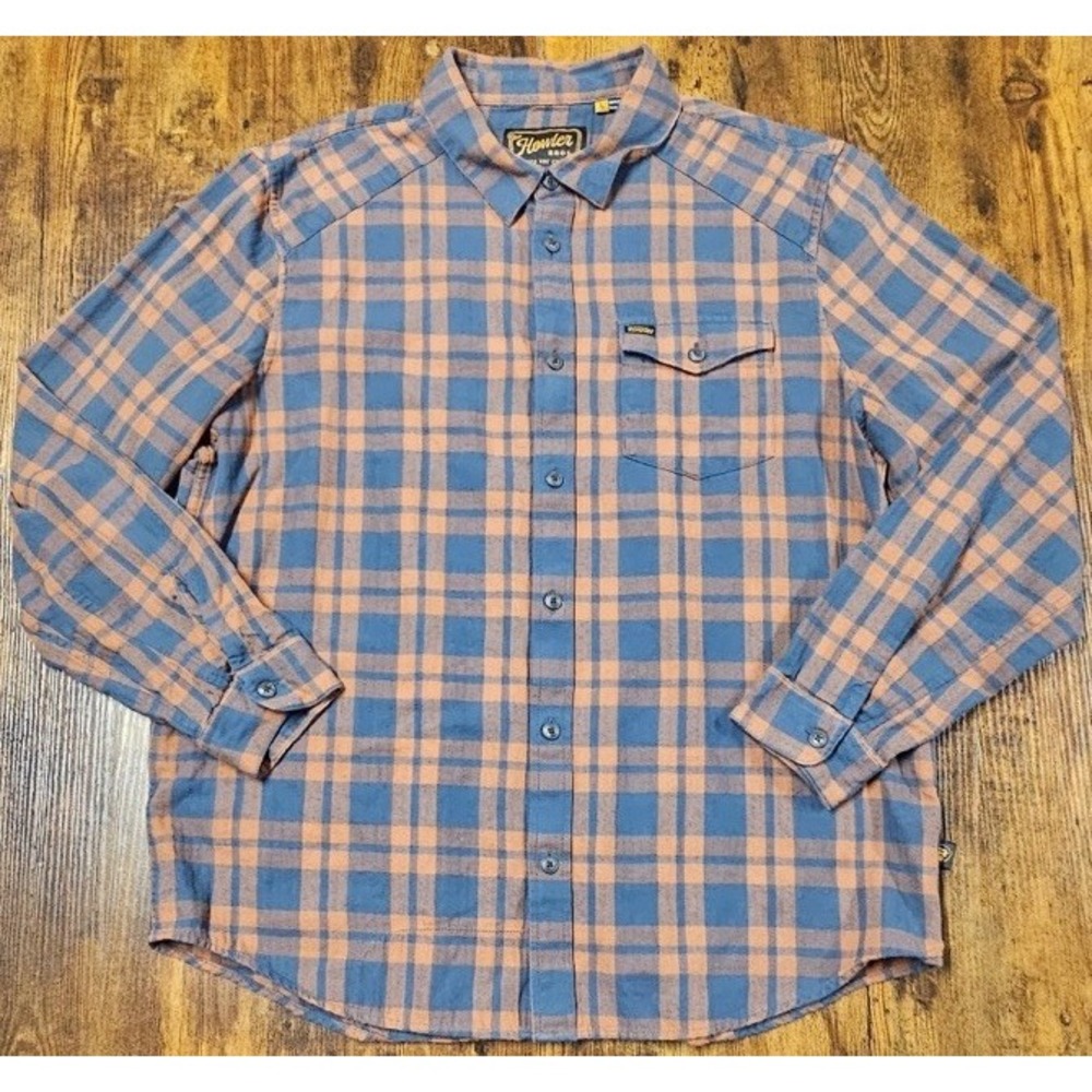 Howler Bros Snap Cotton Flannel Shirt Brown Blue Plaid Long Sleeve Men's Large